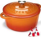 Overmont 5L Enamelled Cast Iron Round Casserole Pot With Lid Cookbook & Cotton Potholders - Non-stick Dutch Oven Cookware for Braising, Stews, Roasting, Bread Baking - Orange, 26cm