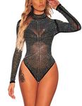 ADEWEL Women's Long Sleeves Stretchy Sheer Mesh Leotard Bodysuit Jumpsuit Tops（Black，Small）