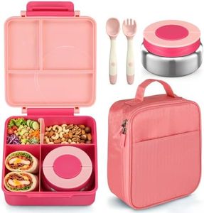 Bento Lunch Box Set for Kids with 8oz Soup Thermo, Leak-Proof Lunch Containers with 4 Compartment, Kids Thermo Hot Food Jar and Insulated Lunch Bag for Kid to School-Pink