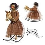 Large Haunting Hill Rocking Horse Girl Animatronic - Moving Creepy Life Size Doll with Sound & Movement| Animated | Motion | Indoor Outdoor Spooky Creepy Decoration - Haunted House Prop
