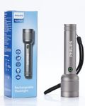PHILIPS Portable Torch Light, 910LM Rechargeable LED Flashlight with 3 Lighting Modes, 300 Meter Coverage, IP55 Waterproof, Handheld Flash Light for Home, Camping, Hiking, Emergency,Gray