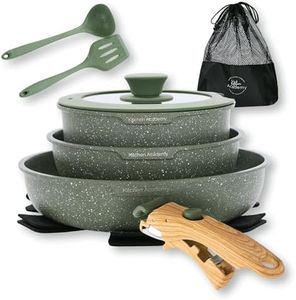 Kitchen Academy Batterie de cuisine à poignée amovible – 10 pièces vertes avec poignée amovible, batterie de cuisine à induction pour camping