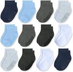 JAKIDAR 12 Pairs Baby Socks Non-Slip Toddler Socks With Grips for Baby Boys Girls - Ankle Low Cut Cotton Socks for Babe and Kids, Blue Gray 6-12M