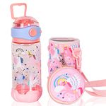 Kids Water Bottle with Lanyard/Sleeve for School Kids Girls Boys, 20 oz BPA Free Child Drinking Water Bottle One-Click-Open Leak-Proof Locking Flip Lid for Back to School Sport Travel