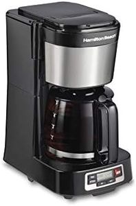 Hamilton Beach 5 Cup Drip Coffee Maker with Easy FrontFill Basket, Compact Design, Programmable Clock, Glass Carafe, Auto Pause and Pour, Black & Stainless Steel (46111)