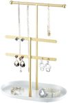 Elegant Jewelry Organizer holder 2-Tier Display Storage Stand for Earrings Necklaces with Ring Tray Spacious and Durable, Easy to Assemble White & Gold