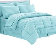 Elegant Comfort Cozy and Soft 8-Piece Bed-in-a-Bag All Season Comforter Set, Includes 4pc Smart Sheet Set, Bed Skirt, Comforter, Matching Pillowcases and Shams, Striped Design, Full/Queen, Aqua