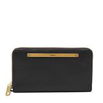 Fossil Women's Liza Leather Zip Around Clutch Wallet, Black W/Brass, One Size