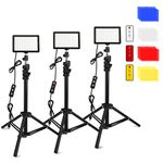 Obeamiu 3 Packs 70 LED Video Light with Adjustable Tripod Stand /Color Filters/5600K USB Studio Lighting Kit for Tablet / Low Angle Shooting, Collection Portrait YouTube Photography, Remote Control