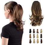 Sofeiyan 13" Ponytail Extension Long Curly Ponytail Clip in Claw Hair Extension Natural Looking Synthetic Hairpiece for Women,Dark Brown/Golden Auburn