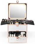 Qislee Makeup Box with Drawer and A Detachable Lighted Mirror, Waterproof Travel Train Case, Cosmetic Organizer and Makeup Suitcase with Adjustable Dividers, Magnetic LED Mirror