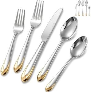 KEAWELL Premium Astra Flatware Set, 20/45/65-Piece Mirror-Finished 18/10 Stainless Steel Silverware, Modern Cutlery Dishwasher Safe for Meals and Gatherings (65, Gold)