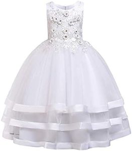 Girls’ Tulle Dresses 7-16 Flower Lace Pageant Party Wedding Floor Length Formal Dance Evening Gowns, White-flower, 7-8 Years