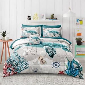 Bedbay Coastal Bedding Comforter Set Ocean King Bed Set Sea Turtle Comforter 8 Pcs Soft Lightweight Summer Comforter King Size Bed in Bag Ocean Themed Quilt Down Alternative Duvet Set (Ocean,King)