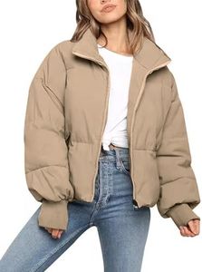 Flygo Women Cropped Puffer Jacket Winter Jackets Lightweight Zip Up Stand Collar Quilted Coats(Khaki-XLarge)
