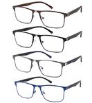 4-Pack Blue Light Blocking Reading Glasses for Men Stylish Metal Frame Readers with Comfort Spring Hinges Anti Glare UV Filter Eyeglasses, +2.0 STRENGTH