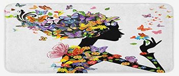 Ambesonne Butterflies Kitchen Mat, Girl Fashion Flowers Ornamental Floral Foliage Nature Forest Animal Print, Plush Decorative Kitchen Mat with Non Slip Backing, 47" X 19", Black White