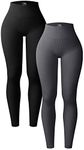 OQQ Women's 2 Piece Yoga Leggings Ribbed Seamless Workout High Waist Athletic Pants, Black Darkgrey, S