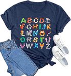 Teacher Shirt Women Teaching Tshirt Funny ABC Animals Alphabet Graphic Tee Top Cute Kindergarten Teachers Gift T-Shirt, Blue, Small