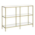 VASAGLE Console Table, Entryway Cabinet, 3 Tier Shelf, Tempered Glass, 100 x 30 x 73 cm, Metal Frame, Modern Style, Hallway, Living Room, Bedroom, Gold LGT27G