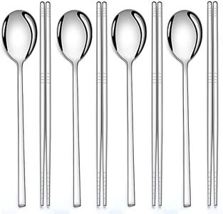 AOOSY Set di 4 paia di bacchette e 4 cucchiai coreani in acciaio inox, da cucina, riutilizzabile, con manico lungo e manico piatto, per casa, cucina o ristorante