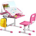 GYMAX Children's Desk and Chair Set, Height Adjustable Kids Table with Chair, Tilt Desktop, LED Light, Storage Drawer & Book Stand, Study Furniture Set for Girls Boys (Pink)