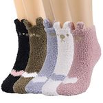 QKURT 5 Pairs Fuzzy Socks for Girls, Cat Paw Socks Fluffy Bed Socks Cosy Sleep Socks Thick Winter Slipper Socks