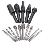 Saipe 5pcs 1/4" Shank Rotary Rasp File Burr Set Woodworking Chisel Shaped Rotating Embossed Grinding Head and 10pcs 1/8" Shank HSS Routing Router Bits Burr Wood Carving Drill Bits Set