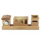 JIGGSTER Wooden Desk Organizer, Multi-Functional Pen pencil Holder Box, Desktop Stationary with Hut Clock for Office, Shop, Showroom