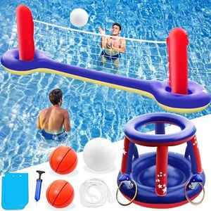 Jasonwell Pool Toys Games Set - 3 in 1 Pool Volleyball Net Basketball Hoop Ring Toss Game Inflatable Floats Water Floating Volleyball Swimming Pools Games Party Gift for Kids Adults (Red&Blue, L)