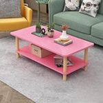 Wooden World Sofa Center Table 2 Tier Table with Solid Wood Legs Coffee Table Foldable Portable Outdoor Indoor Living Room Drawing Room Office Bedroom etc. (Pink)