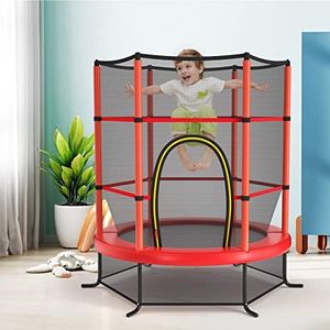 GYMAX Trampolino da Esterno, Gioco Tappeto Elastico da Giardino, con Rete Protettiva, Telaio in Acciaio, Fitnesse per Ragazzi, 165 x 165 x 165 cm (Rosso)