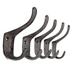 5 Pack Decorative Cast Iron Heavy Duty Double Hooks, Wall Mounted Coat Hooks, Vintage Inspired (Antique Black) (Spoon Hook)