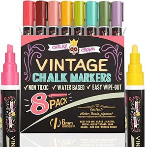 CHALKY CROWN Liquid Chalk Markers - Dry Erase Marker Pens - Chalk Markers for Chalkboards, Signs, Windows, Blackboard, Glass - Reversible Tip (8 Pack) - 24 Chalkboard Labels Included (Vintage, 6mm)