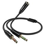 Headphone Splitter Mic Cable for Computer, ZOOAUX 3.5mm Headphone Mic Stereo Y Splitter, Headset 3.5mm Female to 2 Dual Male Microphone Audio Jack Stereo Jack to Gaming Speaker PC Adapter