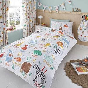 Happy Linen Company Girls Boys Kids Animal Alphabet ABC White Multicolour Single Reversible Duvet Cover Quilt Bedding Set with Pillow Case Bed Linen