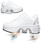 yousulun Automatic Shoes Double-Row Deform Wheel Skate for Walking and Skating Invisible Deformation Roller Parkour Retractable Children's Shoes That Turn Into Rollerskates (35, White)