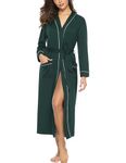 Sykooria Womens Lightweight Cotton Knit V Neck Long Kimono Robes Bathrobe Soft Sleepwear Loungewear Pocket Dressing Gown for Women(Dark Green,L)