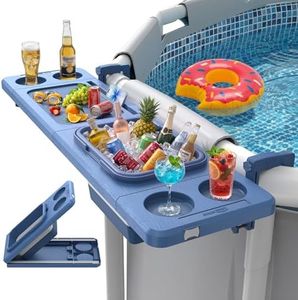 Poolside Bar with Ice Bucket, Poolside Bar Table with Adjustable Support Bracket Fits Above-ground Pools, Swim Up Bars Up to 110lbs, Patio Poolside Table Smart Fold ＆Weather Resistant Stable Tabletop