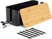 ionX Box for Cable Management, 1 Medium ABS Cord Organizer Box with Bamboo Lid, Black