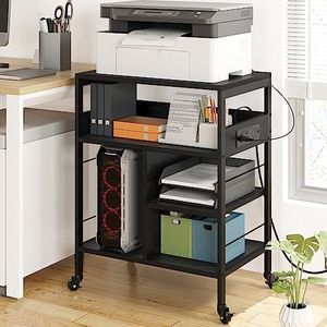 Amyove Printer Stand with Power Outlets and USB Charging Ports, Large Printer Table with Storage, 4 Tier Rolling Printer Stand with Wheels for Desktop CPU, Small Space, Home Office, Rustic Black