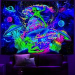 Blacklight Funny Alien Tapestry, UV Reactive Trippy Space Alien Mushroom Hippie Aesthetic Tapestries, Cute Cool Alien UFO Universe Planet Psychedelic Blacklight Tapestry for Men Boys Bedroom 40X30IN