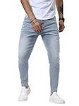 Mens Washed Skinny Jeans Light Blue Stretchy Distressed Slim Fit Denim Jeans Taper Leg Fitted Tight Jean Pants