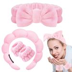 MAYCREATE® Face Wash Headband Wristband Set of 4Pcs Facial Headband for Face Washing Flannel Wristband Hair Band Combo for Makeup, Spa Headband for Women Sunflower Edge Sponge Headband, Pink