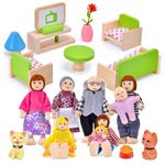 Tacobear Wooden Dolls House Accessories with 8 Family Dolls Figures, Dolls House Furniture, 2 Pets, Dollhouse Living Room and Dolls House People Kids Pretend Play Toys for Girls 3+ Years