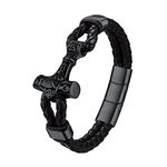 Thick Black Men Bracelets Viking Norse Thor's Hammer Amulet Charm High Qulity Leather Cord Wrap Wristband with Clasp, Personality Bracelets for Husband Boyfriend Dad