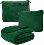 PAVILIA Travel Blanket and Pillow, Dual Zippers, Clip On Strap, Warm Soft Fleece 2-IN-1 Combo Blanket Airplane, Camping, Car, Large Compact Blanket Set, Luggage Backpack Strap, 60 x 43 (Emerald Green)