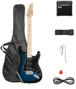 Bonnlo Full Size Electric Guitar Kit for Music Lover Beginner with 20W Guitar Amplifier, Guitar Bag, Cable, Strap, Pick, Tremolo Bar, Tool (Blue)