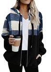 WIWIQS Women's Plaid Shacket Jacket Casual Button Wool Blend Winter Tartan Trench Coat with Pockets Blue White 5XL