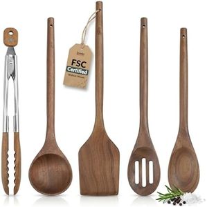 Elegant 5-Piece Walnut Wood Kitchen Utensil Set – Non-Scratch, Heat-Resistant Cooking Utensil Set with Kitchen Tongs, Spoons, Spatula & Ladle – Lightweight, Durable & Perfect for Daily Use or Gifting